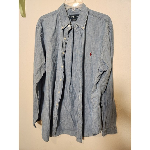 Vintage Ralph Lauren Mens Blue Denim Chambray Long Sleeve Button Down Red Logo L - Picture 1 of 8